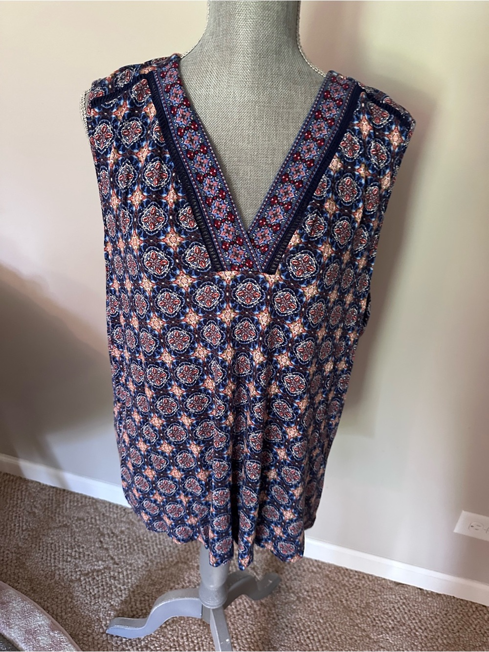 Daniel Rainn Blue and Coral Paisley V-Neck Blouse